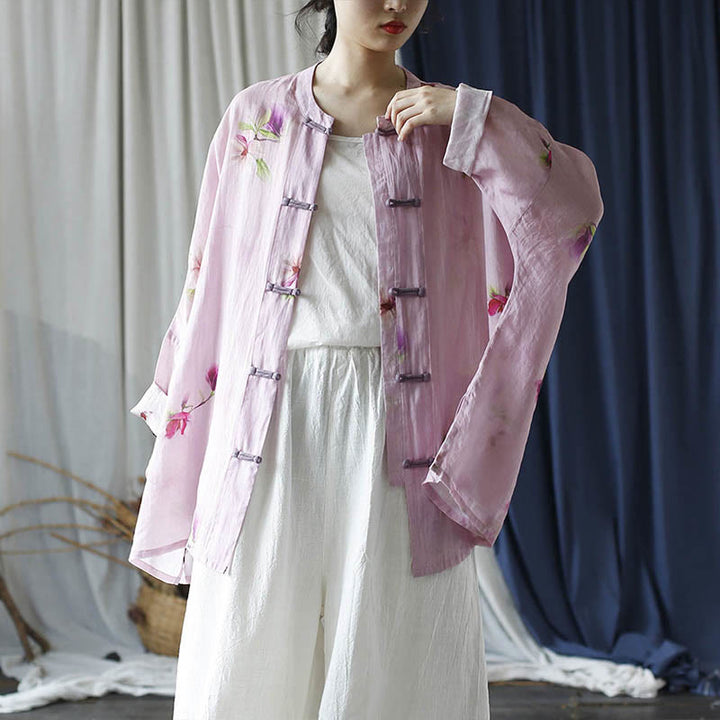 Camisa tipo chaqueta de lino de ramio de manga larga con diseño de botones de rana y estampado de flores rosas con Buddha Stones