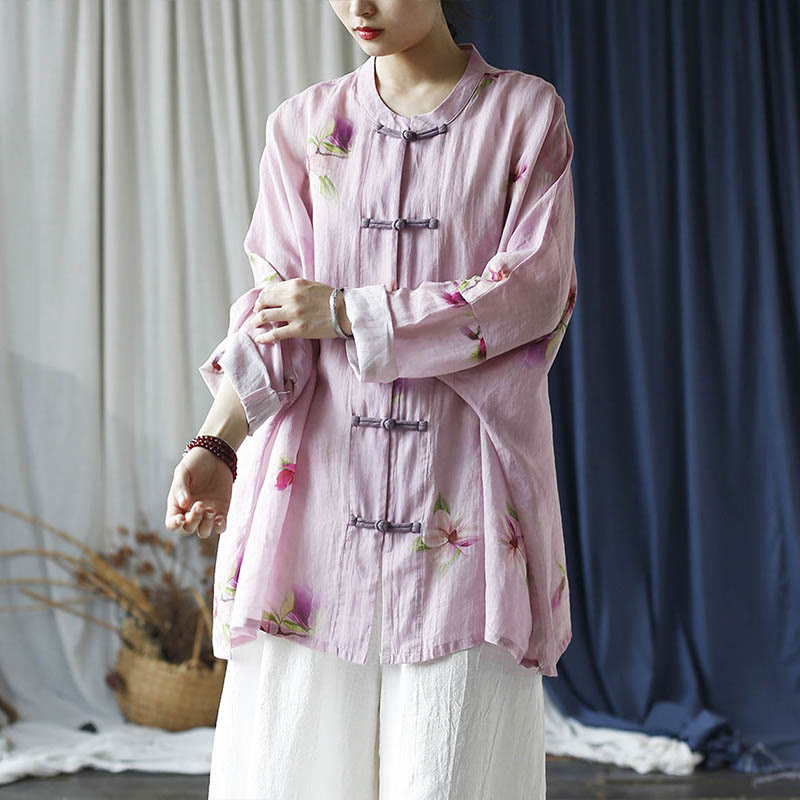 Camisa tipo chaqueta de lino de ramio de manga larga con diseño de botones de rana y estampado de flores rosas con Buddha Stones