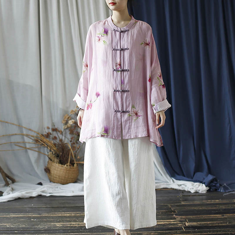 Camisa tipo chaqueta de lino de ramio de manga larga con diseño de botones de rana y estampado de flores rosas con Buddha Stones