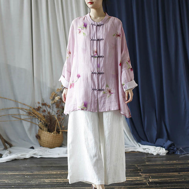 Camisa tipo chaqueta de lino de ramio de manga larga con diseño de botones de rana y estampado de flores rosas con Buddha Stones