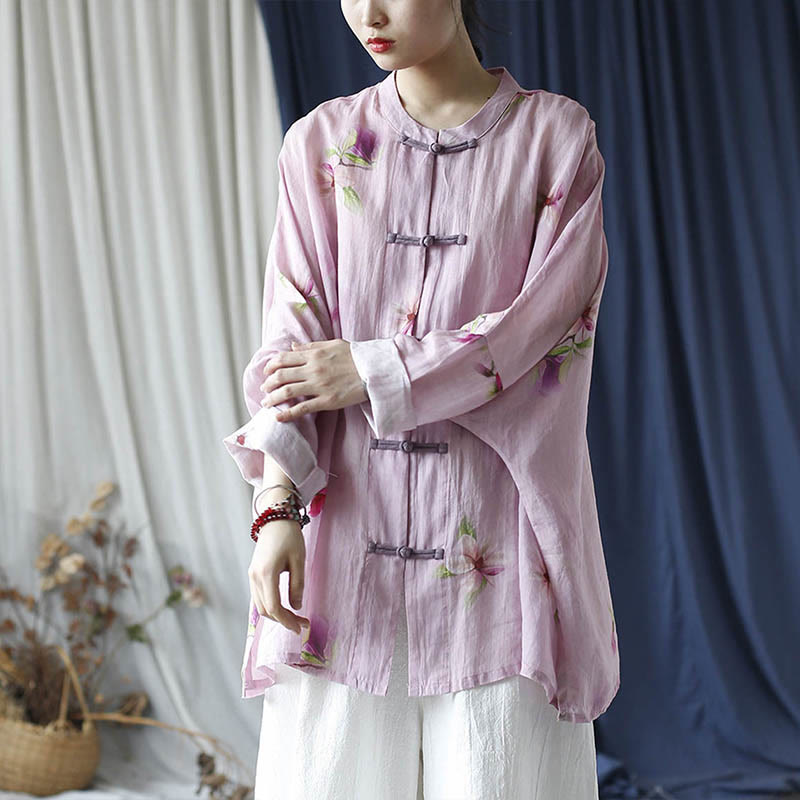 Camisa tipo chaqueta de lino de ramio de manga larga con diseño de botones de rana y estampado de flores rosas con Buddha Stones