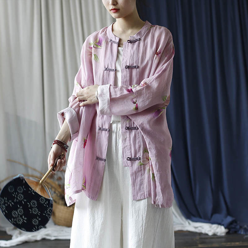 Camisa tipo chaqueta de lino de ramio de manga larga con diseño de botones de rana y estampado de flores rosas con Buddha Stones