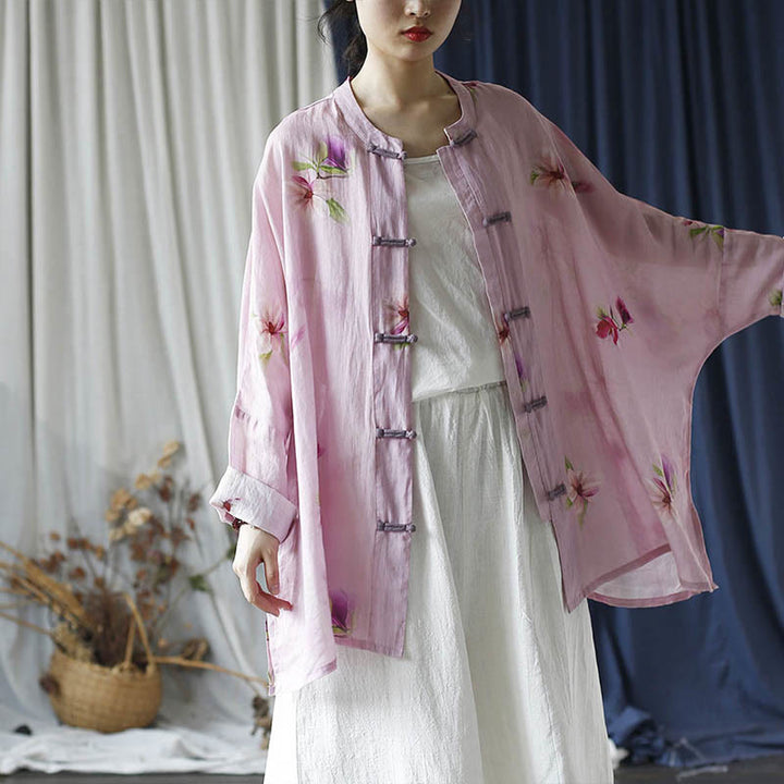 Camisa tipo chaqueta de lino de ramio de manga larga con diseño de botones de rana y estampado de flores rosas con Buddha Stones