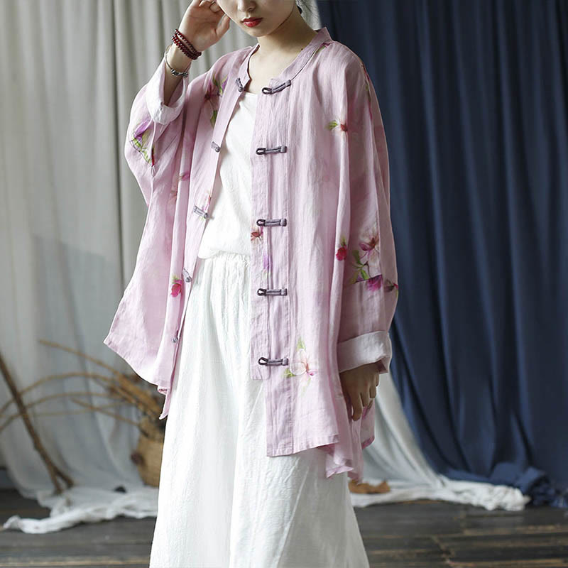 Camisa tipo chaqueta de lino de ramio de manga larga con diseño de botones de rana y estampado de flores rosas con Buddha Stones