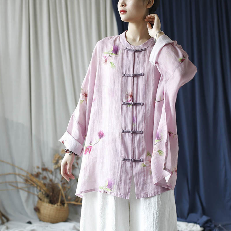Camisa tipo chaqueta de lino de ramio de manga larga con diseño de botones de rana y estampado de flores rosas con Buddha Stones