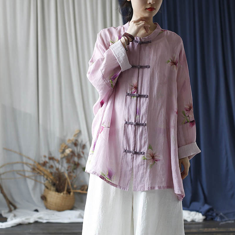 Camisa tipo chaqueta de lino de ramio de manga larga con diseño de botones de rana y estampado de flores rosas con Buddha Stones