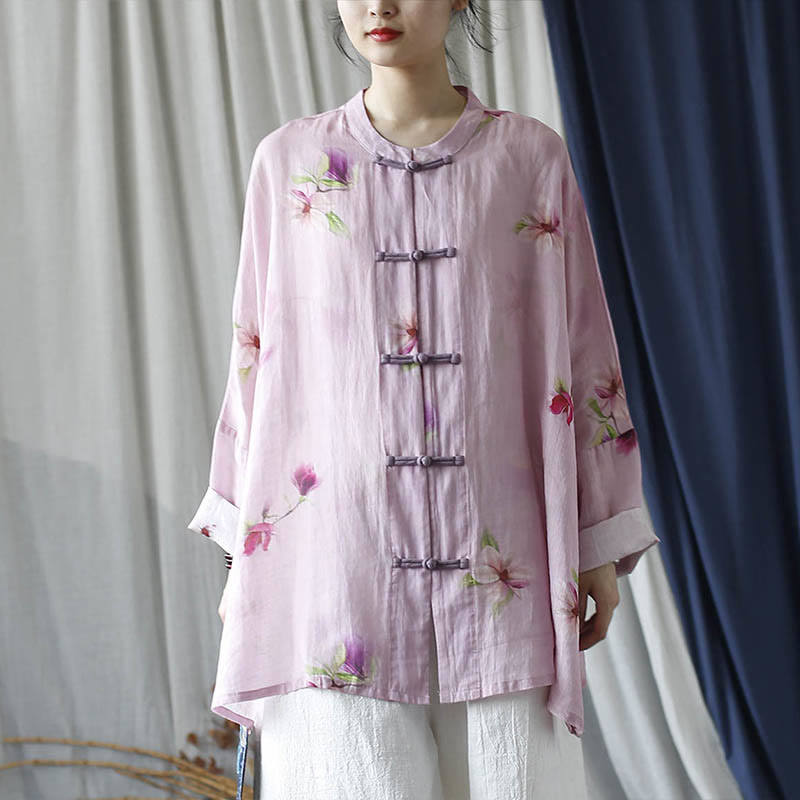 Camisa tipo chaqueta de lino de ramio de manga larga con diseño de botones de rana y estampado de flores rosas con Buddha Stones