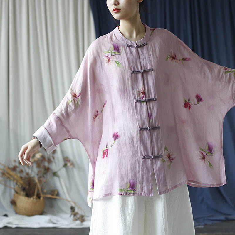 Camisa tipo chaqueta de lino de ramio de manga larga con diseño de botones de rana y estampado de flores rosas con Buddha Stones