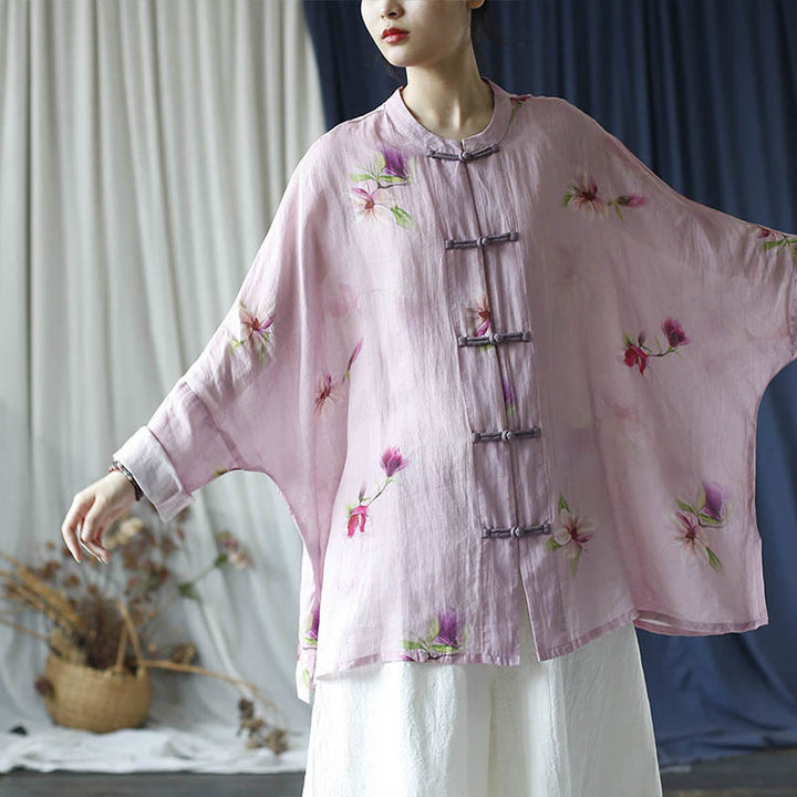 Camisa tipo chaqueta de lino de ramio de manga larga con diseño de botones de rana y estampado de flores rosas con Buddha Stones