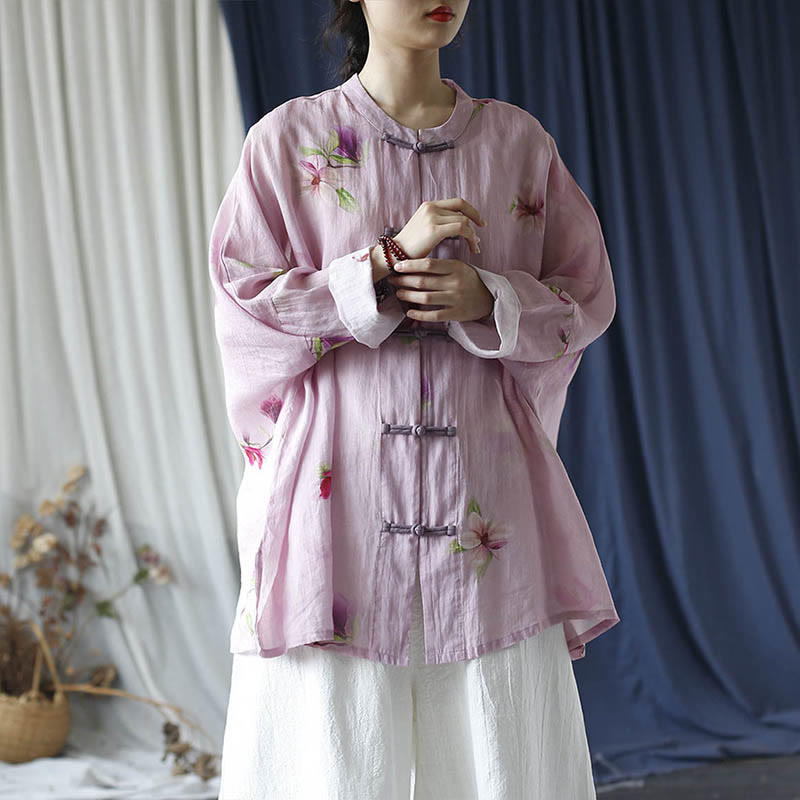 Camisa tipo chaqueta de lino de ramio de manga larga con diseño de botones de rana y estampado de flores rosas con Buddha Stones