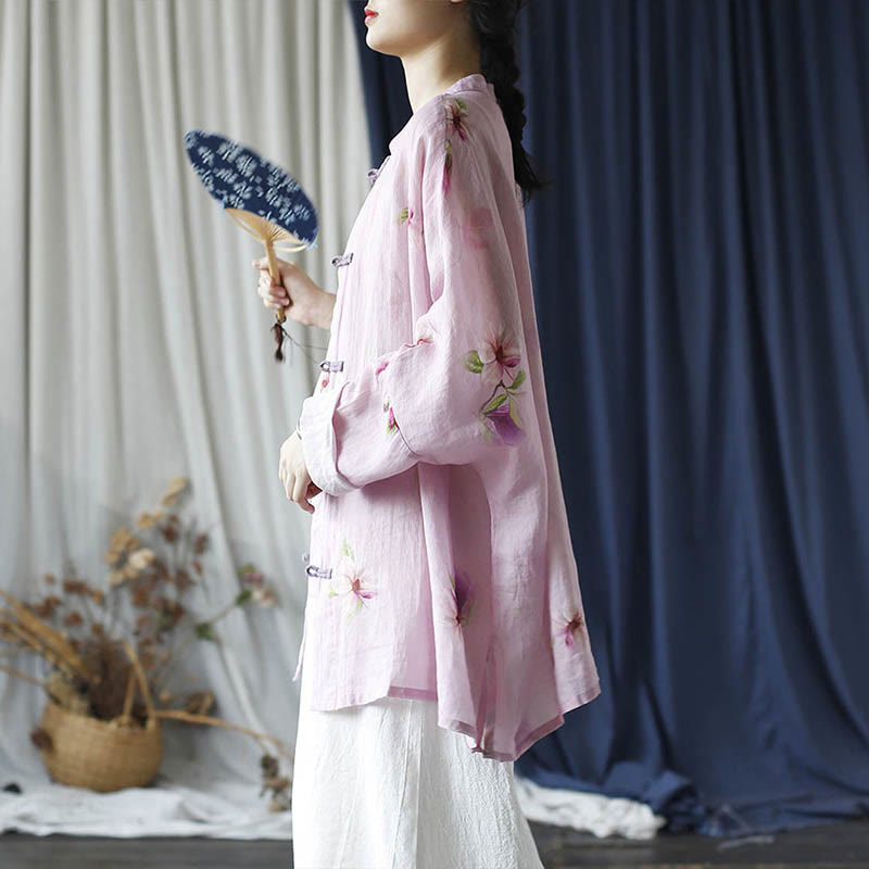 Camisa tipo chaqueta de lino de ramio de manga larga con diseño de botones de rana y estampado de flores rosas con Buddha Stones