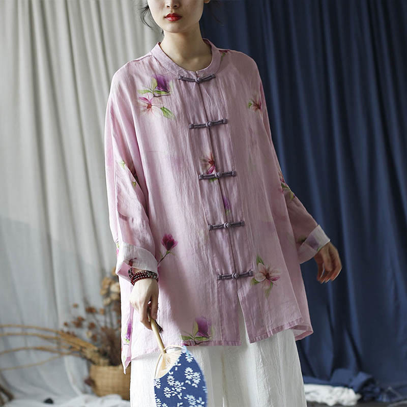 Camisa tipo chaqueta de lino de ramio de manga larga con diseño de botones de rana y estampado de flores rosas con Buddha Stones