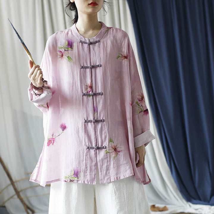 Camisa tipo chaqueta de lino de ramio de manga larga con diseño de botones de rana y estampado de flores rosas con Buddha Stones