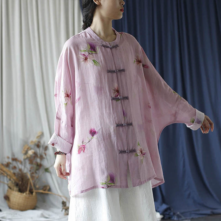 Camisa tipo chaqueta de lino de ramio de manga larga con diseño de botones de rana y estampado de flores rosas con Buddha Stones