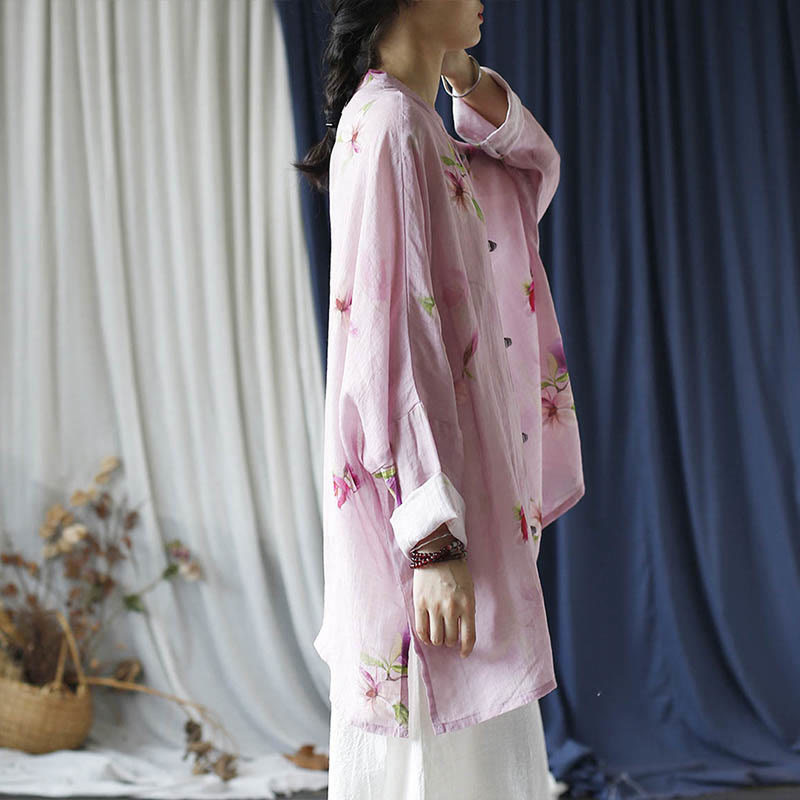 Camisa tipo chaqueta de lino de ramio de manga larga con diseño de botones de rana y estampado de flores rosas con Buddha Stones