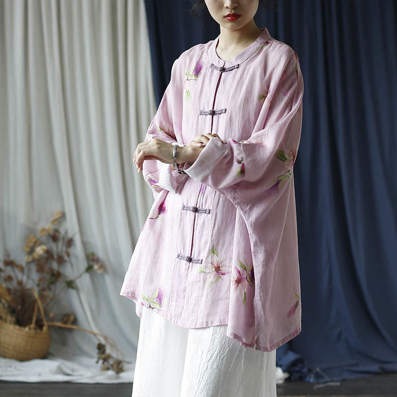 Camisa tipo chaqueta de lino de ramio de manga larga con diseño de botones de rana y estampado de flores rosas con Buddha Stones