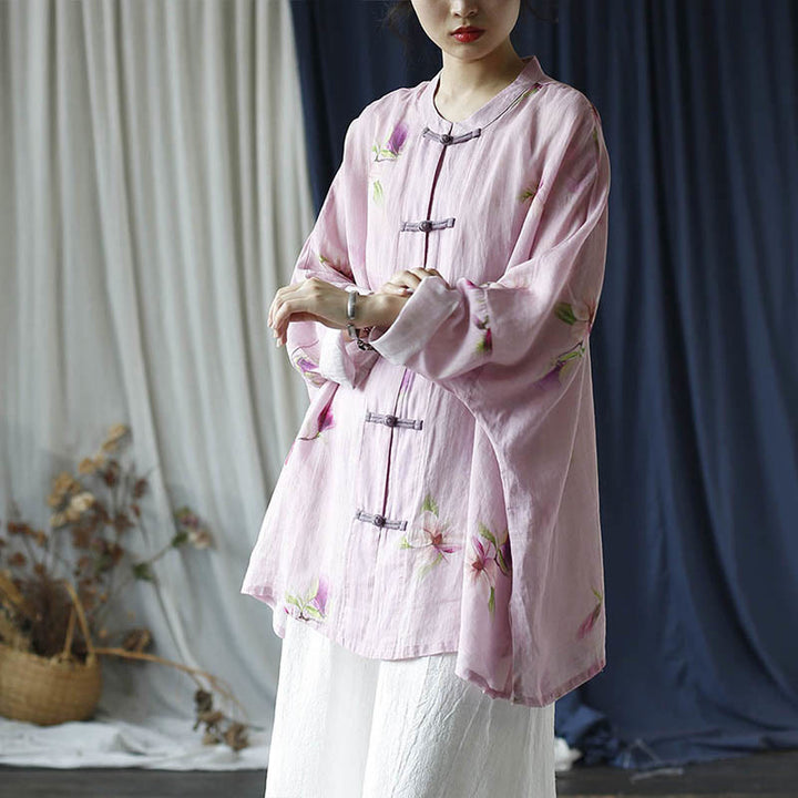 Camisa tipo chaqueta de lino de ramio de manga larga con diseño de botones de rana y estampado de flores rosas con Buddha Stones
