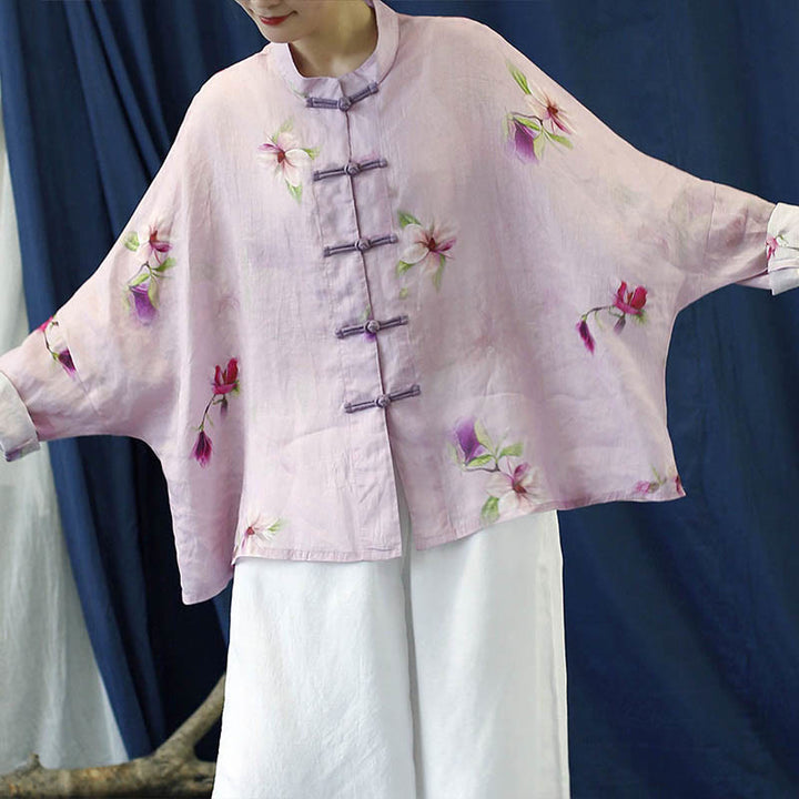 Camisa tipo chaqueta de lino de ramio de manga larga con diseño de botones de rana y estampado de flores rosas con Buddha Stones