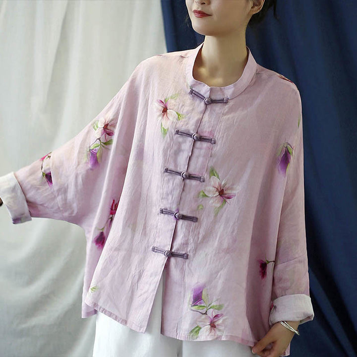 Camisa tipo chaqueta de lino de ramio de manga larga con diseño de botones de rana y estampado de flores rosas con Buddha Stones