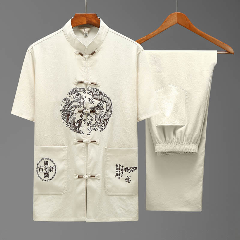 Buddha Stones Dragon Fu personaje Tang traje tradicional camisa de manga corta pantalones de pierna ancha ropa conjunto para hombres - Beige (Top y pantalón) - US/UK/AU44, EU54 (4XL) - image 1