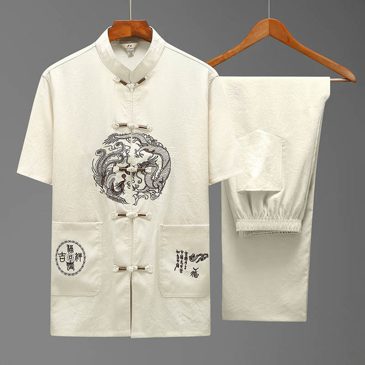 Buddha Stones Dragon Fu personaje Tang traje tradicional camisa de manga corta pantalones de pierna ancha ropa conjunto para hombres - Beige (Top y pantalón) - US/UK/AU44, EU54 (4XL) - image 1