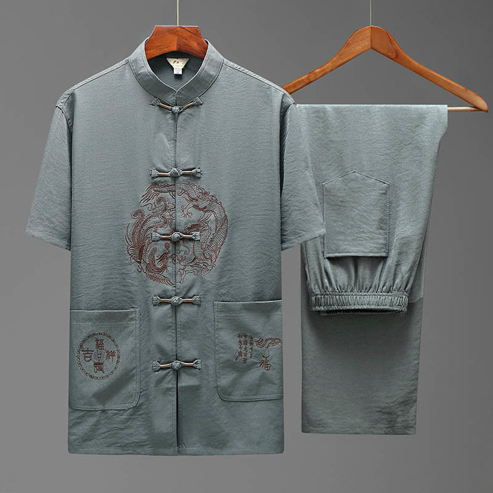 Buddha Stones Dragon Fu personaje Tang traje tradicional camisa de manga corta pantalones de pierna ancha ropa conjunto para hombres