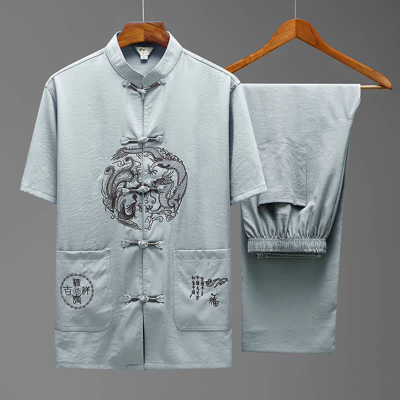 Buddha Stones Dragon Fu personaje Tang traje tradicional camisa de manga corta pantalones de pierna ancha ropa conjunto para hombres - Gris claro (Top y pantalón) - US/UK/AU44, EU54 (4XL) - image 16