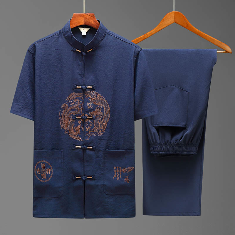 Buddha Stones Dragon Fu personaje Tang traje tradicional camisa de manga corta pantalones de pierna ancha ropa conjunto para hombres - Azul (Top y pantalón) - US/UK/AU44, EU54 (4XL) - image 0