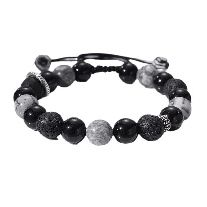 Pulsera de cuerda de soporte con cuentas de jaspe Picasso, obsidiana negra, roca de lava Vintage, Buddha Stones