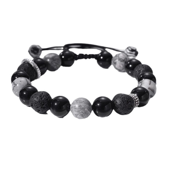 Pulsera de cuerda de soporte con cuentas de jaspe Picasso, obsidiana negra, roca de lava Vintage, Buddha Stones