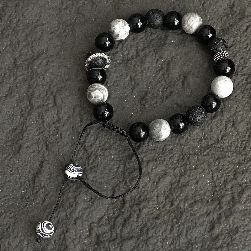 Pulsera de cuerda de soporte con cuentas de jaspe Picasso, obsidiana negra, roca de lava Vintage, Buddha Stones