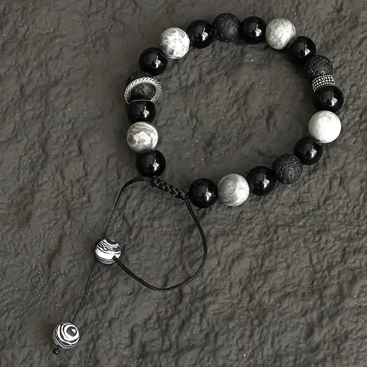 Pulsera de cuerda de soporte con cuentas de jaspe Picasso, obsidiana negra, roca de lava Vintage, Buddha Stones