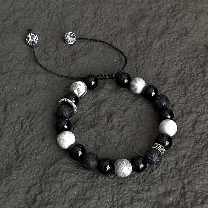 Pulsera de cuerda de soporte con cuentas de jaspe Picasso, obsidiana negra, roca de lava Vintage, Buddha Stones