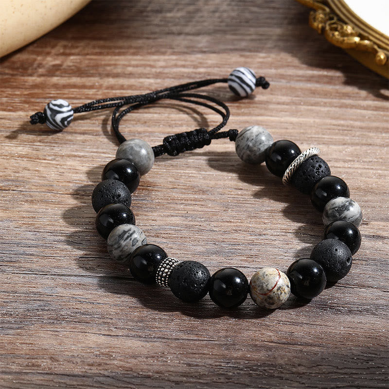 Pulsera de cuerda de soporte con cuentas de jaspe Picasso, obsidiana negra, roca de lava Vintage, Buddha Stones