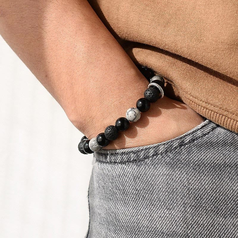Pulsera de cuerda de soporte con cuentas de jaspe Picasso, obsidiana negra, roca de lava Vintage, Buddha Stones