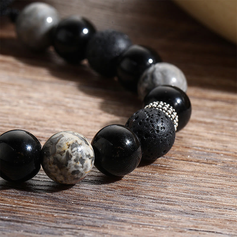 Pulsera de cuerda de soporte con cuentas de jaspe Picasso, obsidiana negra, roca de lava Vintage, Buddha Stones