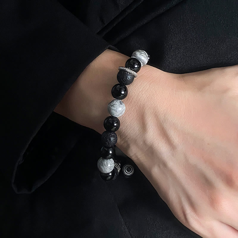 Pulsera de cuerda de soporte con cuentas de jaspe Picasso, obsidiana negra, roca de lava Vintage, Buddha Stones