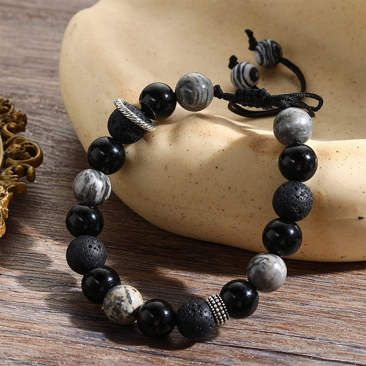 Pulsera de cuerda de soporte con cuentas de jaspe Picasso, obsidiana negra, roca de lava Vintage, Buddha Stones