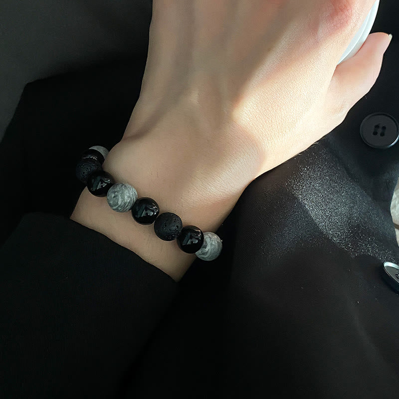 Pulsera de cuerda de soporte con cuentas de jaspe Picasso, obsidiana negra, roca de lava Vintage, Buddha Stones