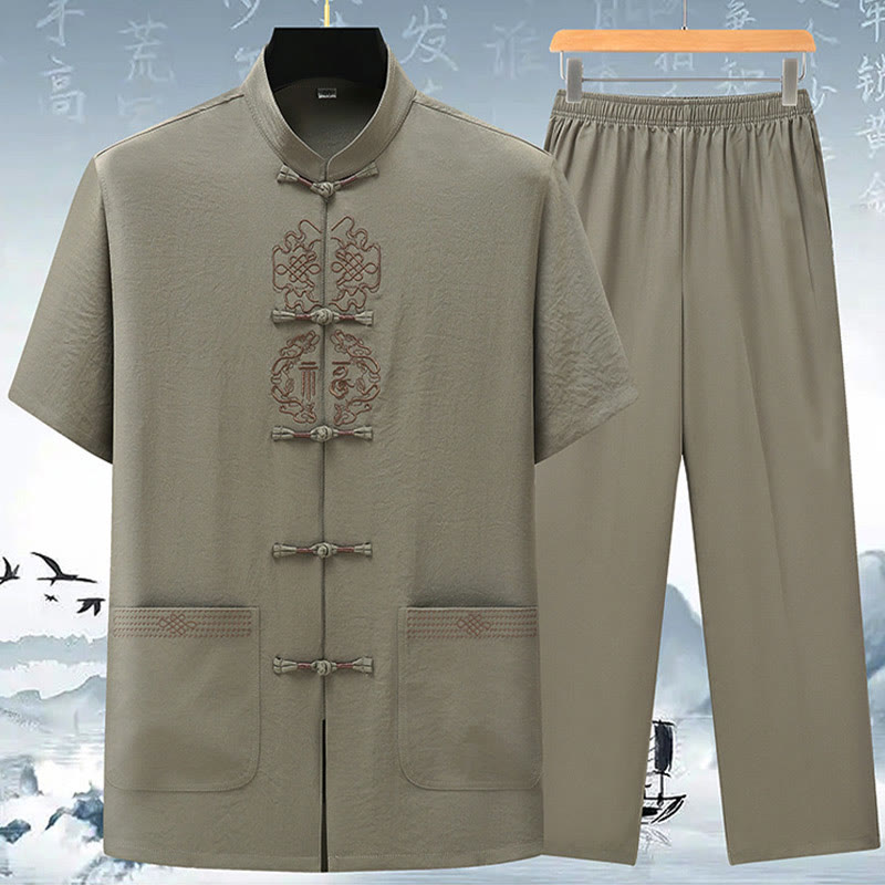 Conjunto de ropa para hombre, traje Tang bordado anudado chino con personaje Fu de Buddha Stones , Top tradicional de manga corta, pantalones, ropa - Verde claro (top y pantalones) - US/UK/AU42, EU52 (3XL) - image 2