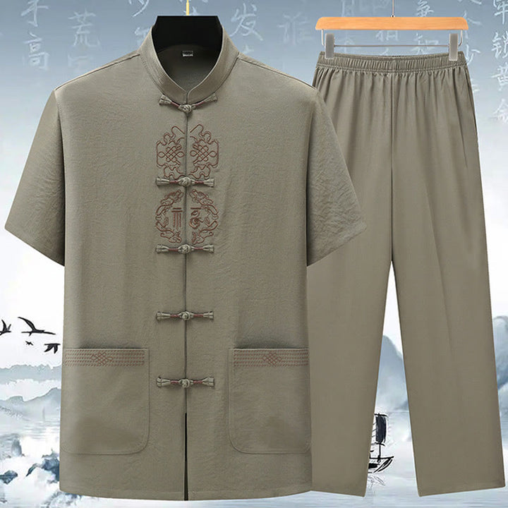 Conjunto de ropa para hombre, traje Tang bordado anudado chino con personaje Fu de Buddha Stones , Top tradicional de manga corta, pantalones, ropa - Verde claro (top y pantalones) - US/UK/AU42, EU52 (3XL) - image 2