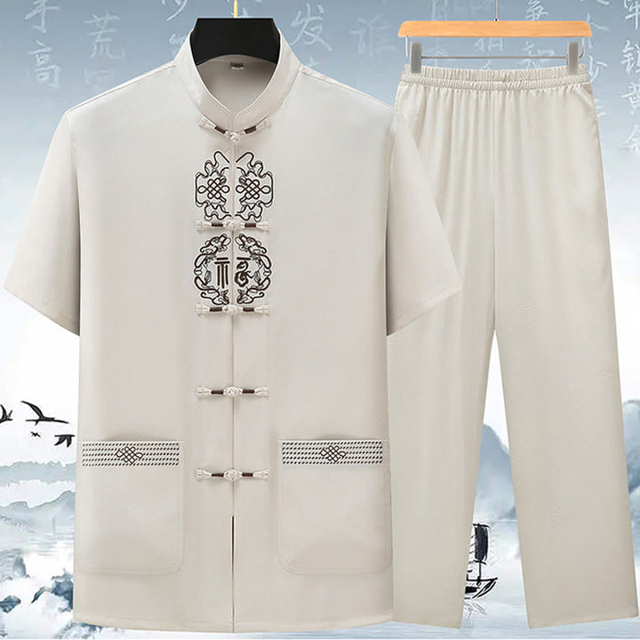 Conjunto de ropa para hombre, traje Tang bordado anudado chino con personaje Fu de Buddha Stones , Top tradicional de manga corta, pantalones, ropa - Beige (Top y pantalones) - US/UK/AU42, EU52 (3XL) - image 0