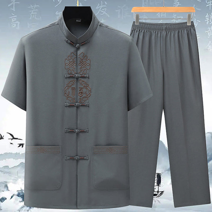 Conjunto de ropa para hombre, traje Tang bordado anudado chino con personaje Fu de Buddha Stones , Top tradicional de manga corta, pantalones, ropa - Gris (Top y pantalones) - US/UK/AU42, EU52 (3XL) - image 5