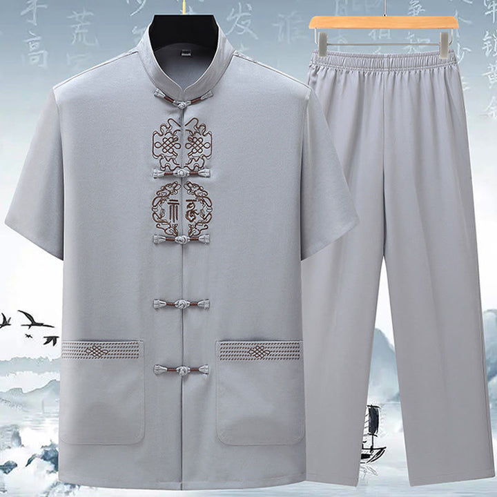 Conjunto de ropa para hombre, traje Tang bordado anudado chino con personaje Fu de Buddha Stones , Top tradicional de manga corta, pantalones, ropa - Gris claro (parte superior y pantalones) - US/UK/AU42, EU52 (3XL) - image 3