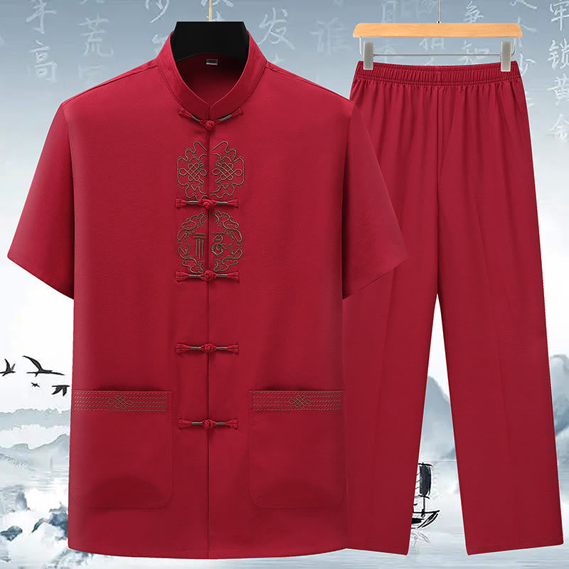 Conjunto de ropa para hombre, traje Tang bordado anudado chino con personaje Fu de Buddha Stones , Top tradicional de manga corta, pantalones, ropa - Rojo (Top y pantalones) - US/UK/AU42, EU52 (3XL) - image 1
