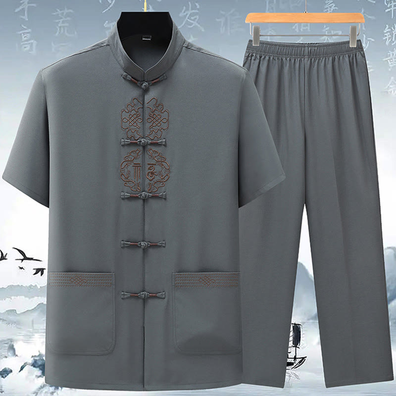 Conjunto de ropa para hombre, traje Tang bordado anudado chino con personaje Fu de Buddha Stones , Top tradicional de manga corta, pantalones, ropa - Gris (Top y pantalón) - US/UK/AU42, EU52 (3XL) - image 5