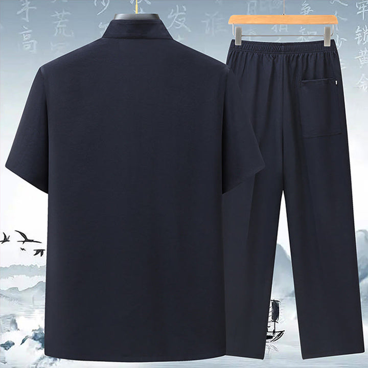 Conjunto de ropa para hombre, traje Tang bordado anudado chino con personaje Fu de Buddha Stones , Top tradicional de manga corta, pantalones, ropa - image 7