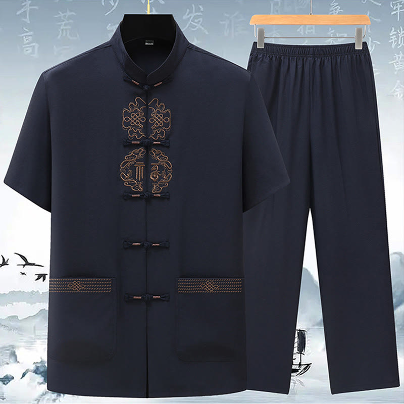 Conjunto de ropa para hombre, traje Tang bordado anudado chino con personaje Fu de Buddha Stones , Top tradicional de manga corta, pantalones, ropa - Azul oscuro (top y pantalones) - US/UK/AU42, EU52 (3XL) - image 6