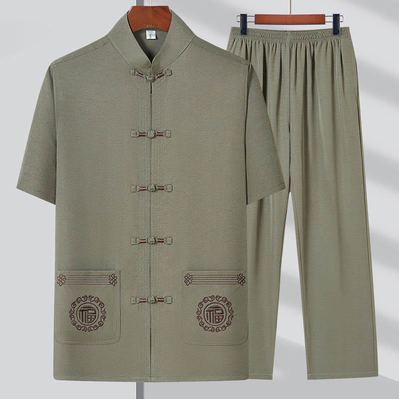 Buddha Stones Fu personaje bordado traje Tang tradicional botón de rana manga corta Top pantalones ropa conjunto para hombres - Verde claro (camiseta y pantalón) - US/UK/AU44, EU54 (4XL) - image 0