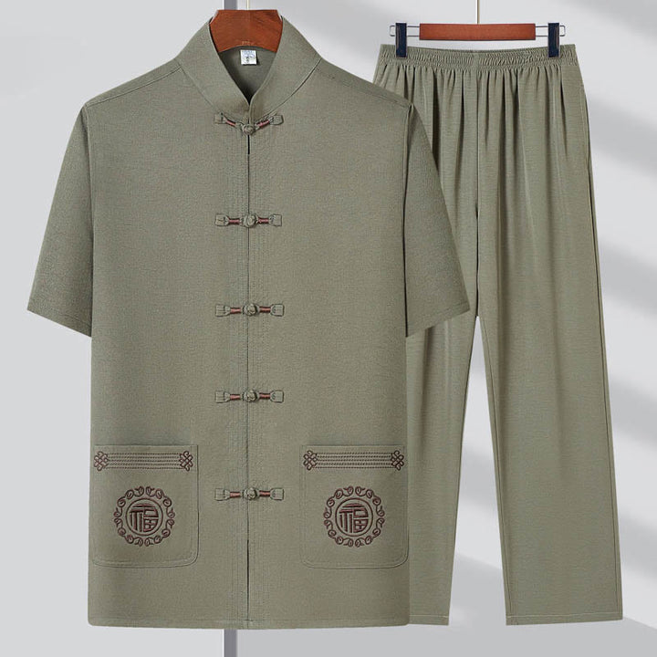 Buddha Stones Fu personaje bordado traje Tang tradicional botón de rana manga corta Top pantalones ropa conjunto para hombres - Verde claro (Top y pantalón) - 4XL(Equivalente a la talla 44 de US/UK/AU44; 54 de la UE) - image 0